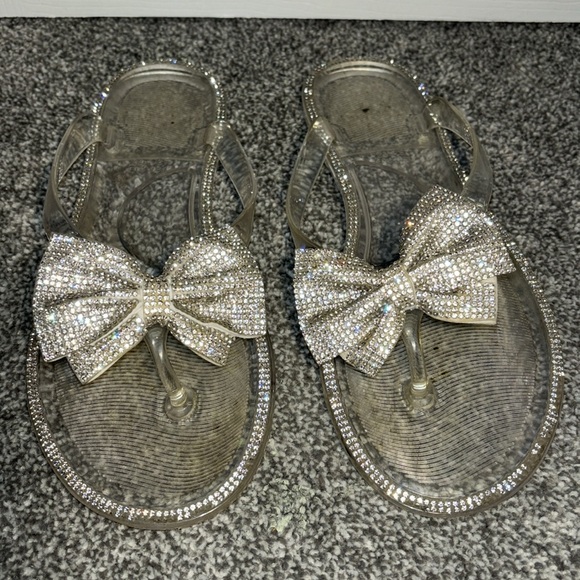 Clear jewel rimmed gel thong slippers with jeweled bows women’s size 8 - Picture 5 of 9